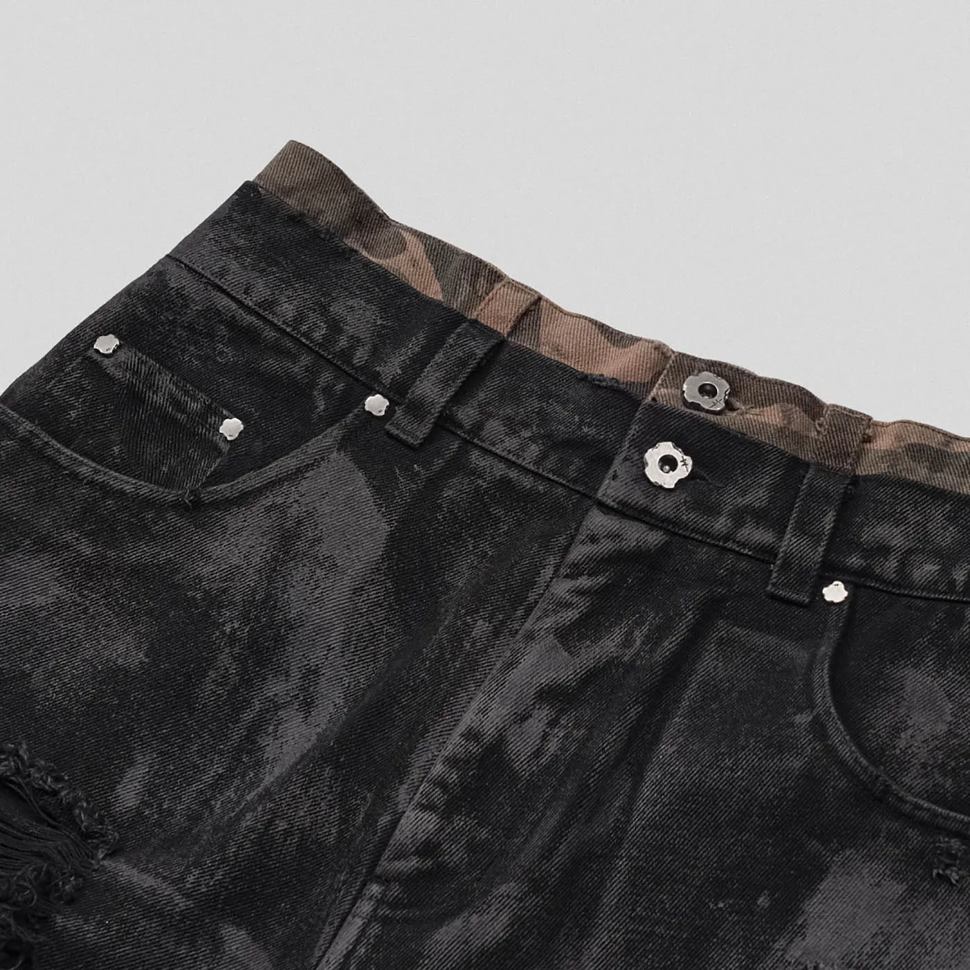 Layered Distressed Black Camo Shorts