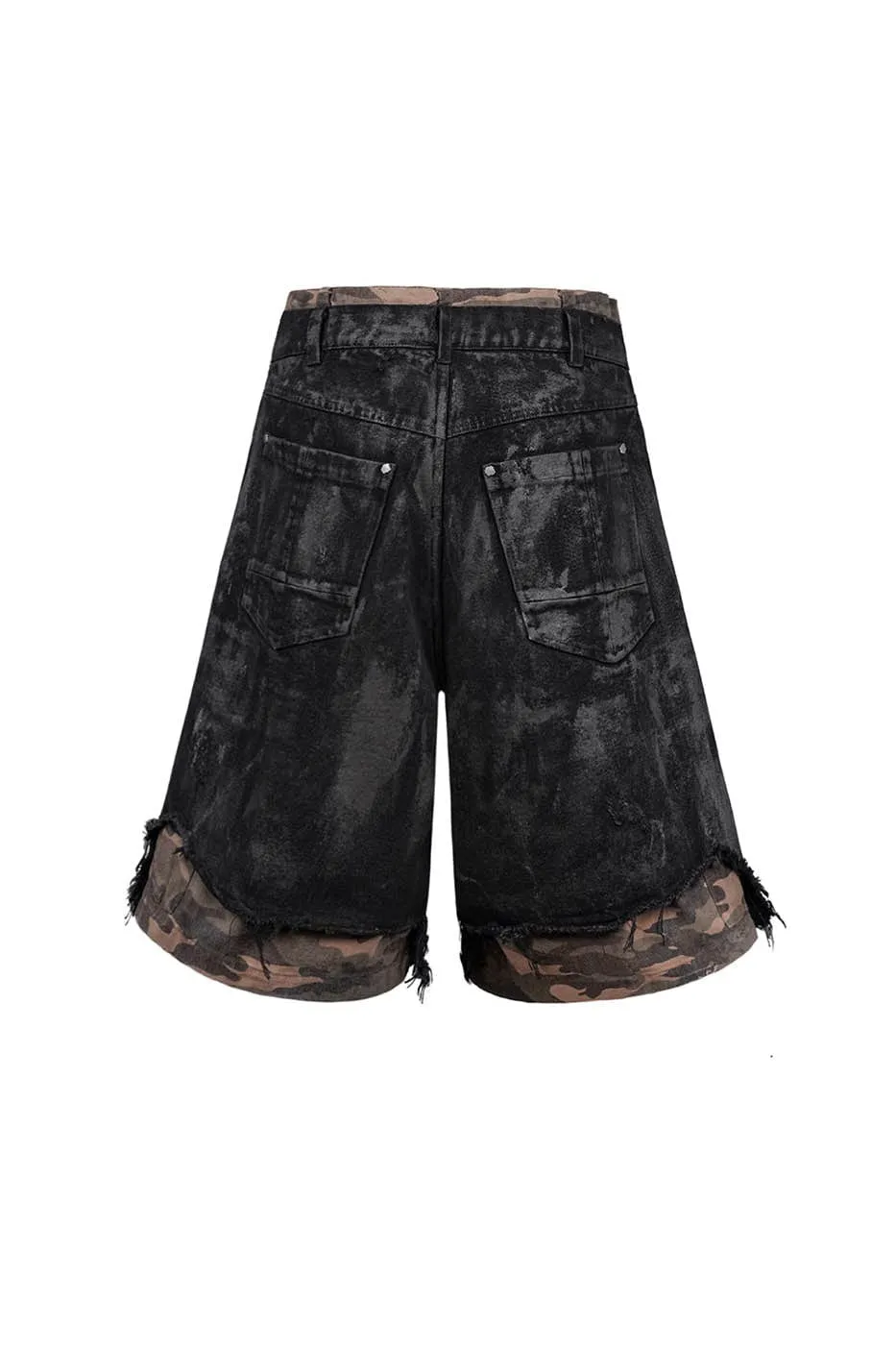 Layered Distressed Black Camo Shorts