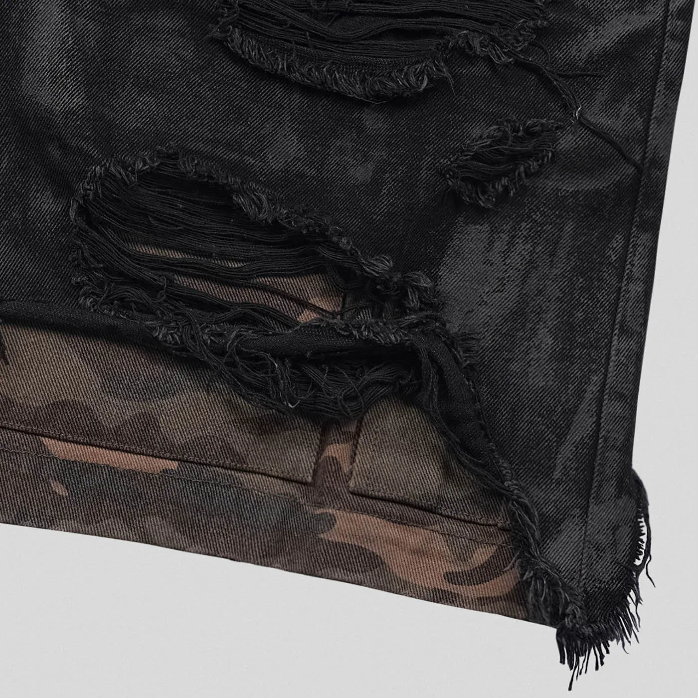 Layered Distressed Black Camo Shorts