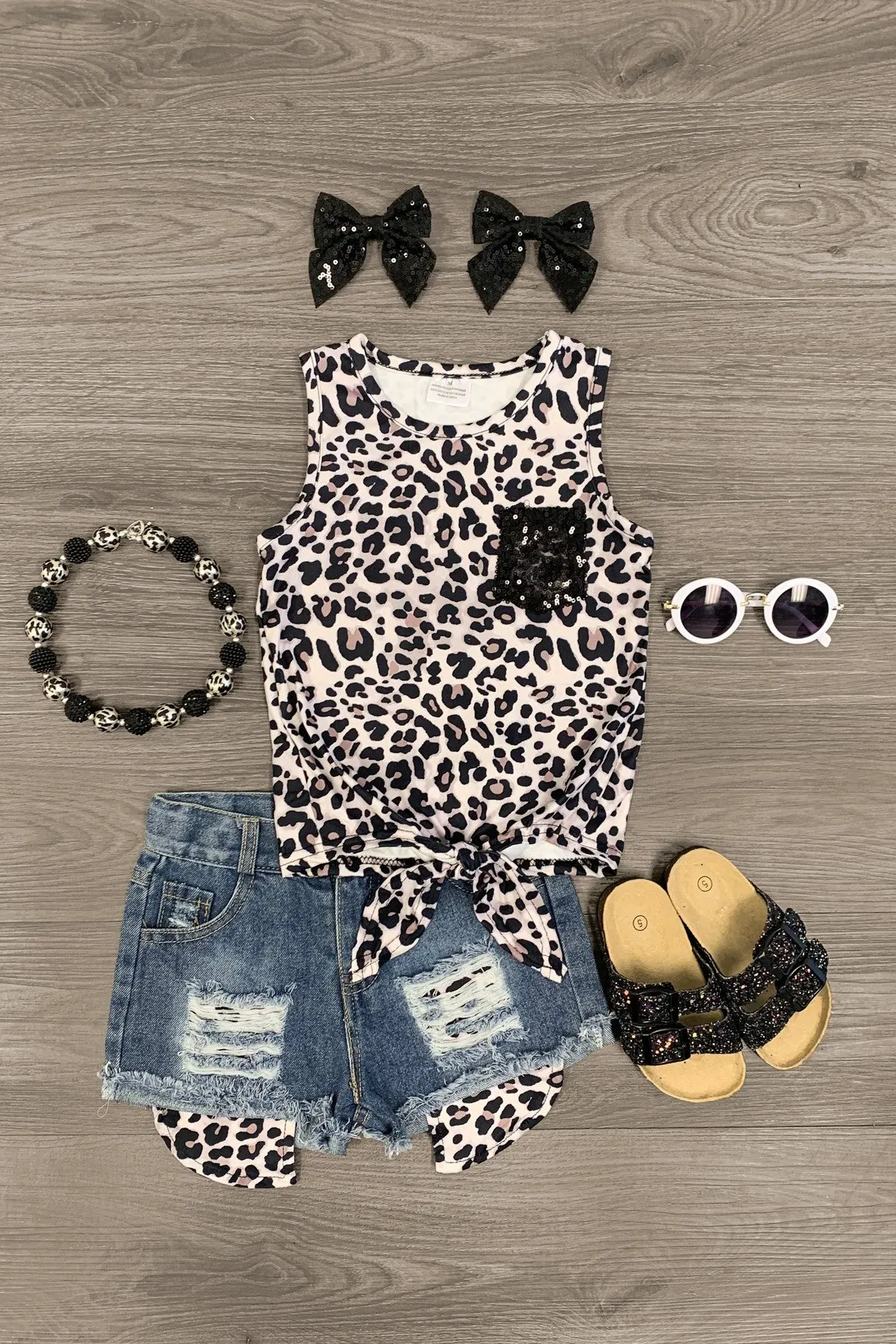 Leopard & Black Sequins Tie Denim Short Set