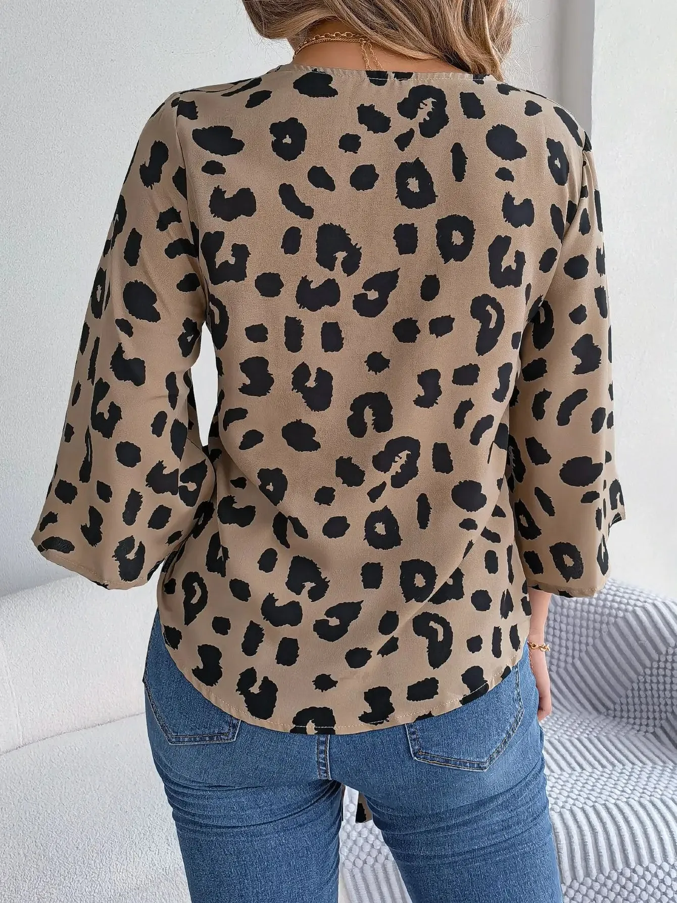 Leopard Sleeve Button 3/4 Neck Print Casual V Front Women's Blouse