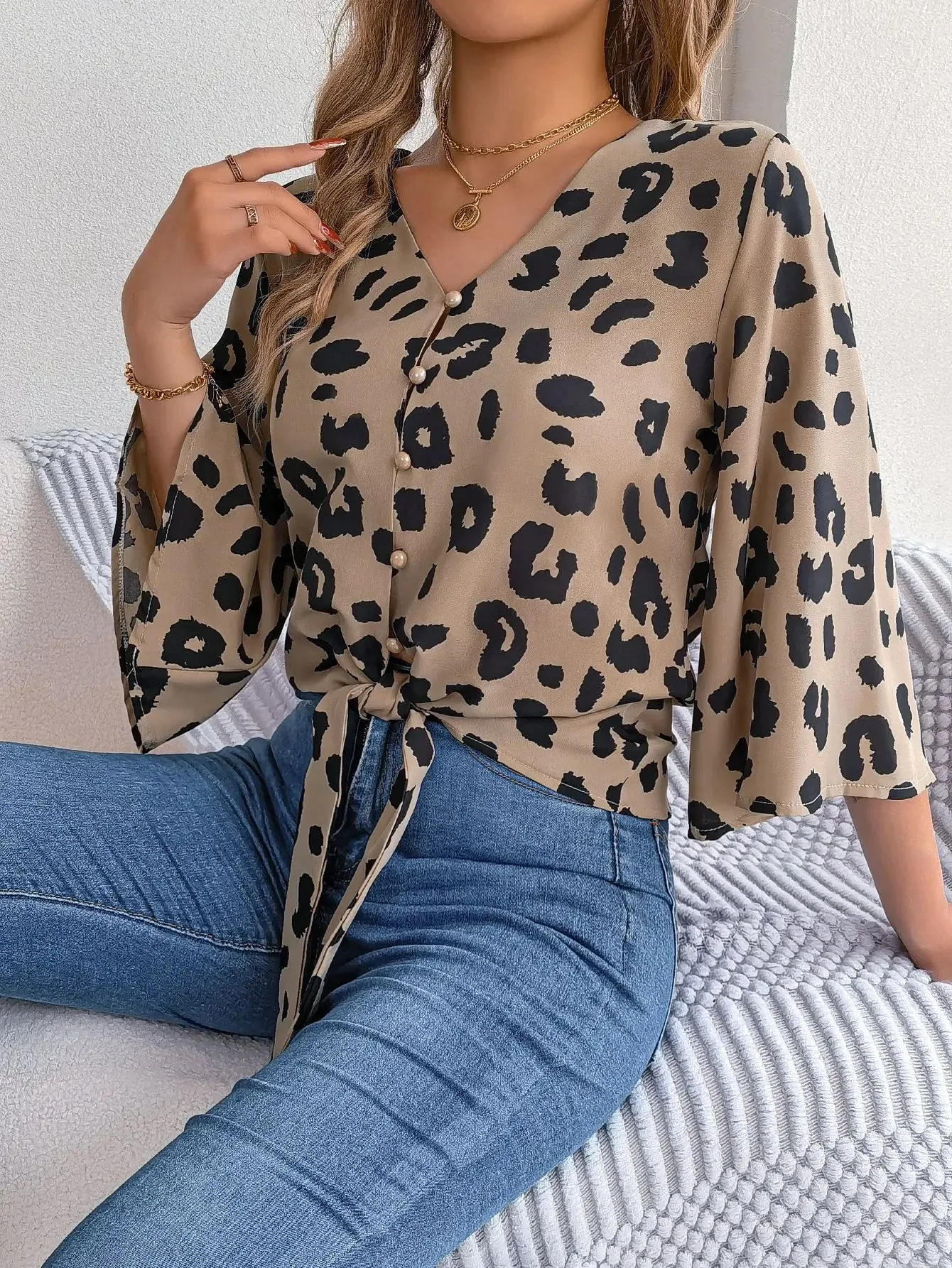 Leopard Sleeve Button 3/4 Neck Print Casual V Front Women's Blouse