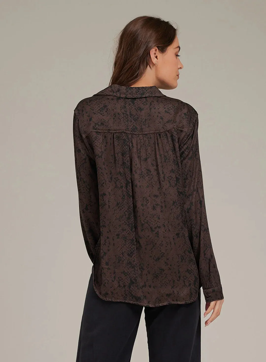 Long Sleeve Rounded Hem Button Down - Brown Snake Print