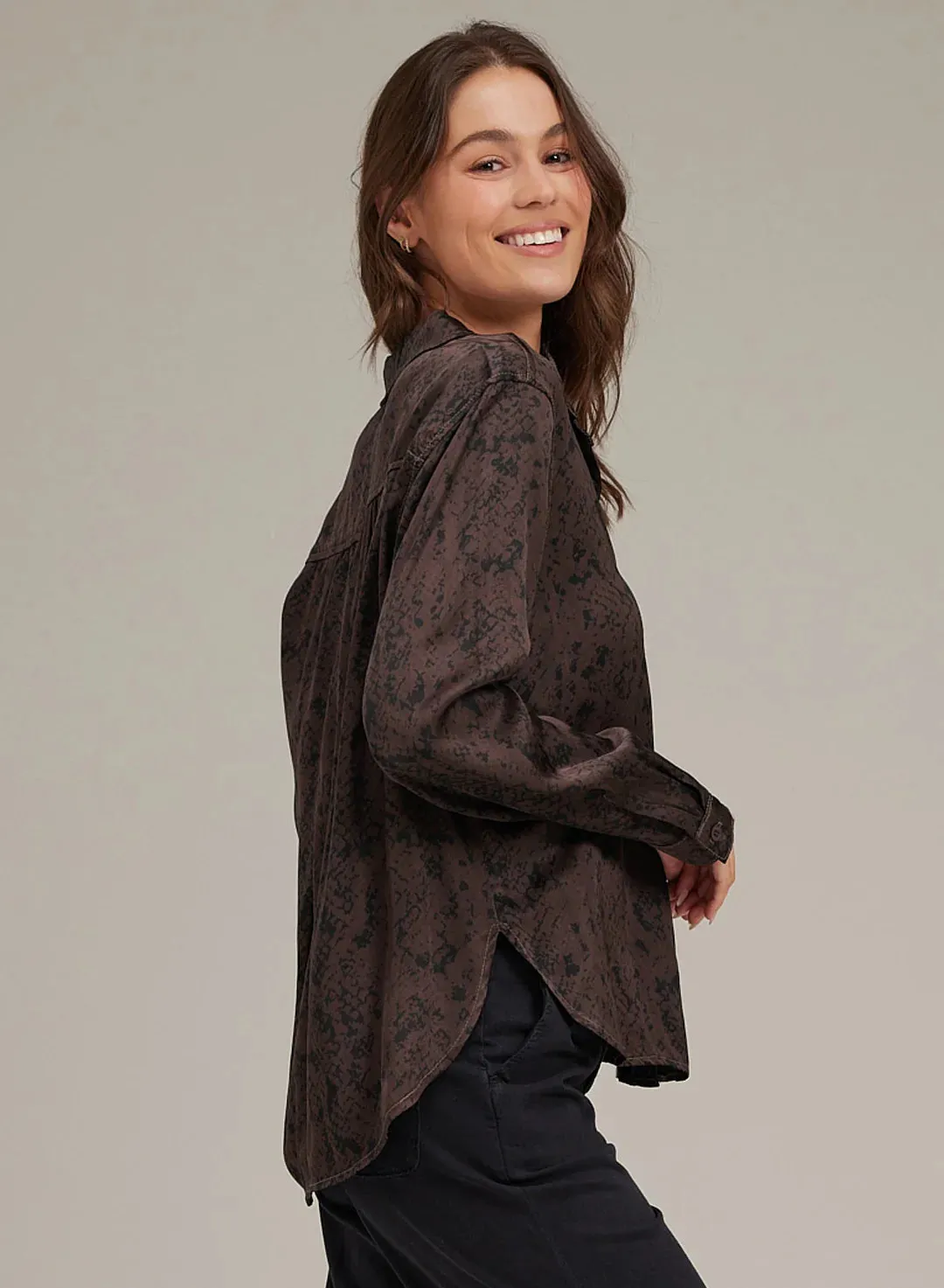 Long Sleeve Rounded Hem Button Down - Brown Snake Print