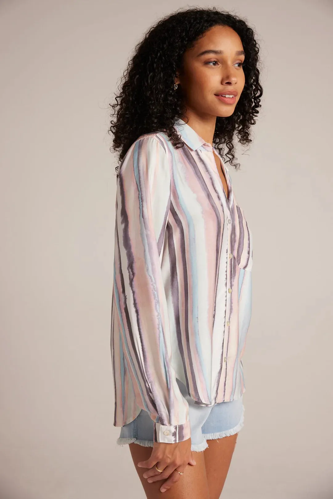 Long Sleeve Rounded Hem Shirt - Coastal Stripe Print