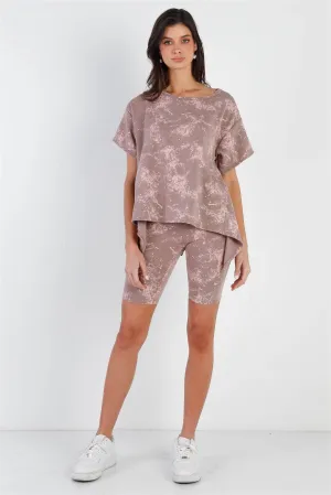 Mocha Splattered Paint Fleece Uneven Length Back Tie Detail Top & Biker Short Set /1-2-2