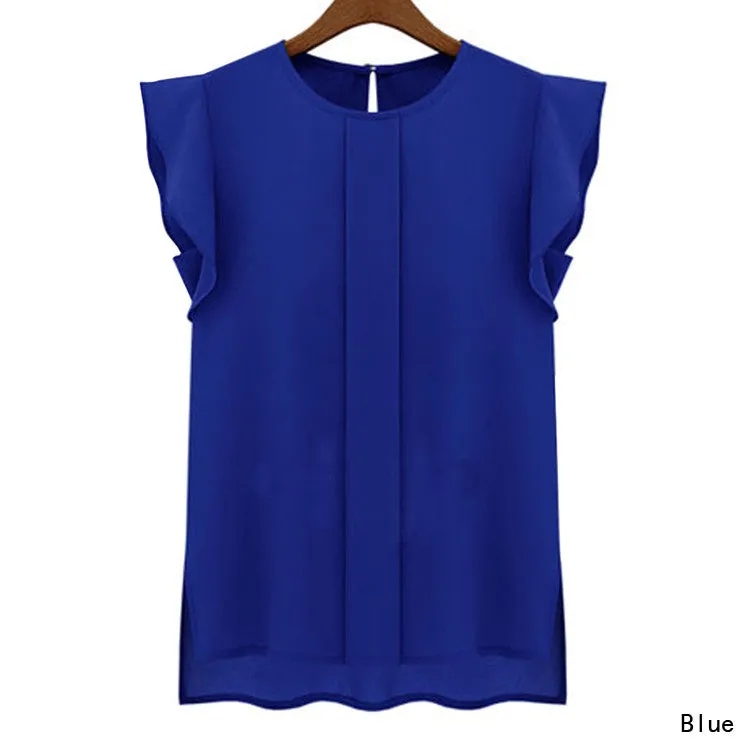 New Women Blouses Sleeveless Fashion Chiffon Blouses Lady Crew Neck Flounced Sleeve After The Open Collar Shirts