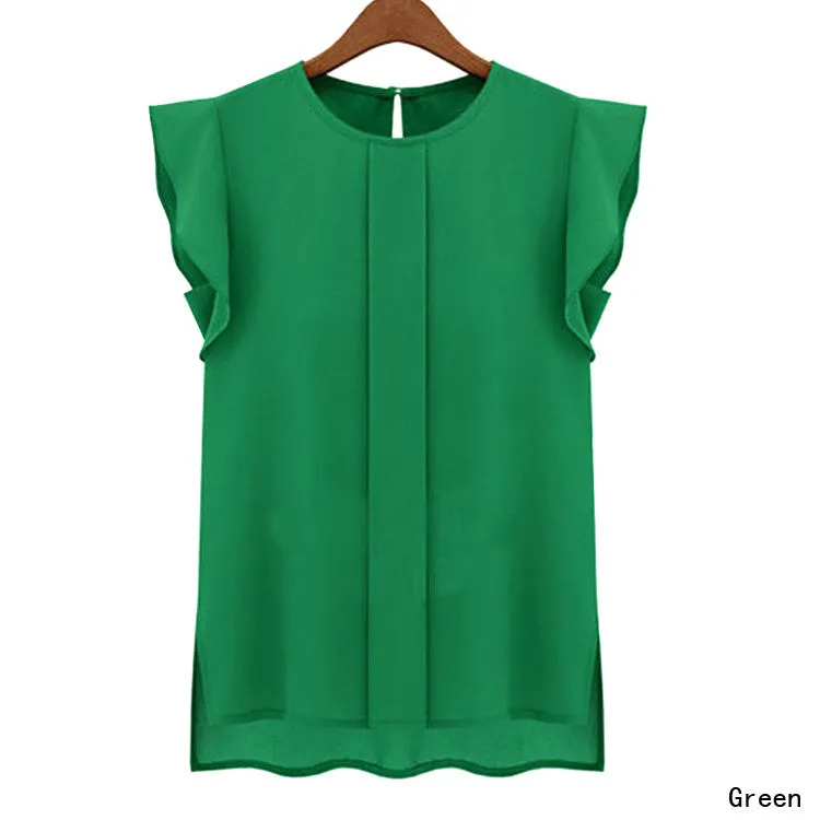 New Women Blouses Sleeveless Fashion Chiffon Blouses Lady Crew Neck Flounced Sleeve After The Open Collar Shirts