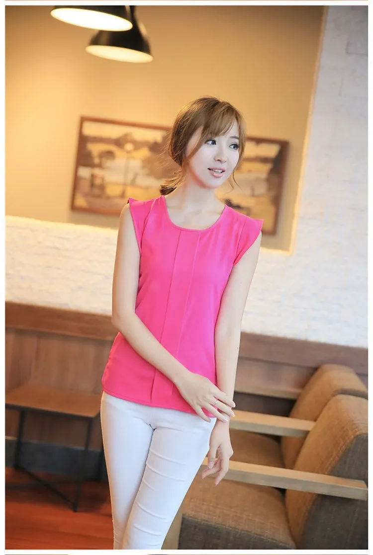 New Women Blouses Sleeveless Fashion Chiffon Blouses Lady Crew Neck Flounced Sleeve After The Open Collar Shirts