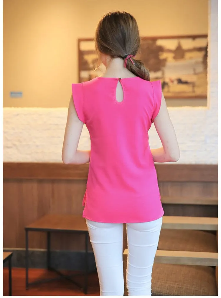 New Women Blouses Sleeveless Fashion Chiffon Blouses Lady Crew Neck Flounced Sleeve After The Open Collar Shirts