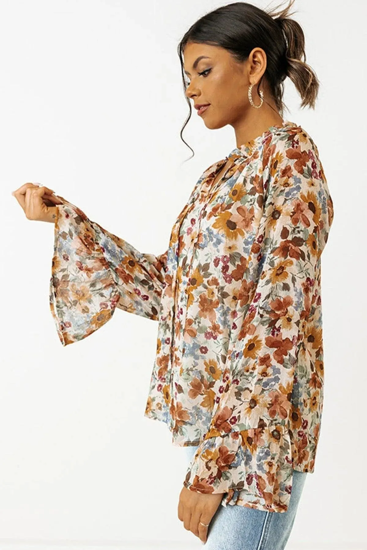 Orange Floral Print Flare Cuff Long Sleeve Blouse