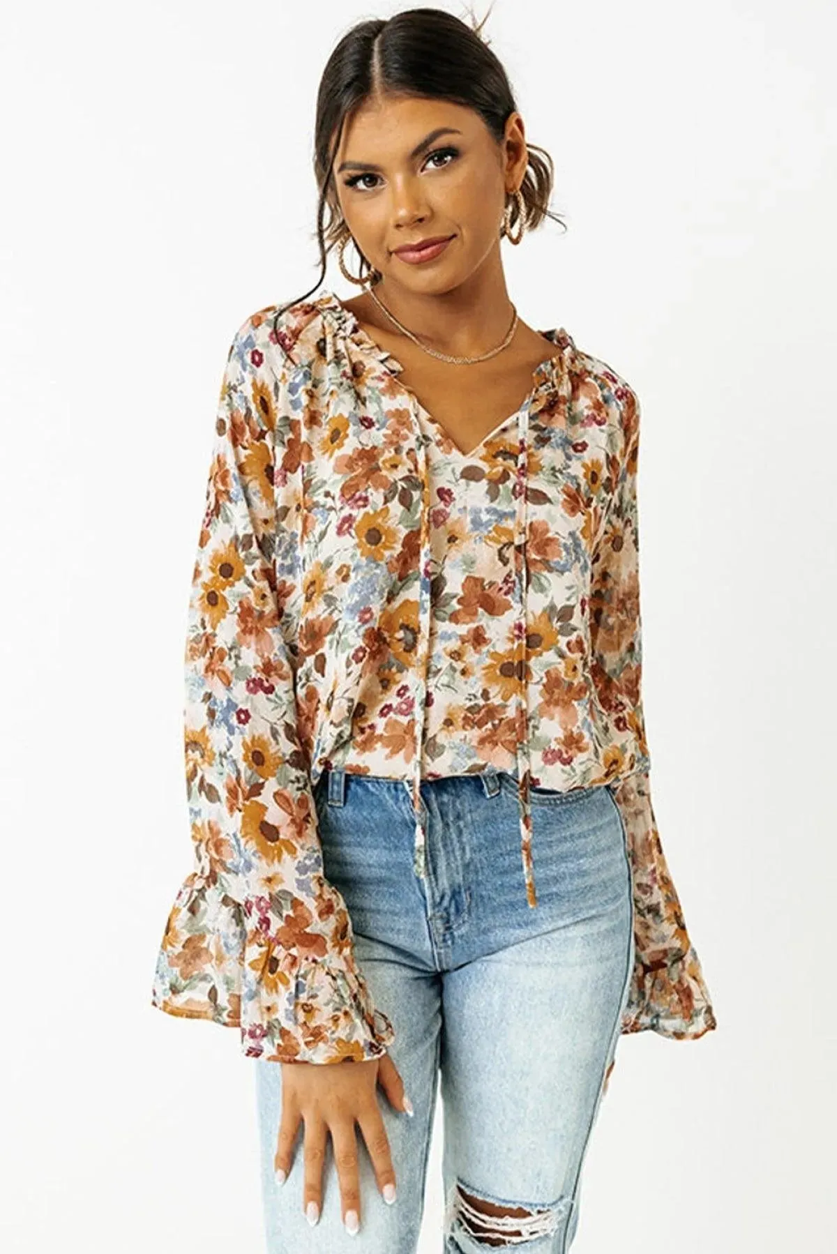 Orange Floral Print Flare Cuff Long Sleeve Blouse