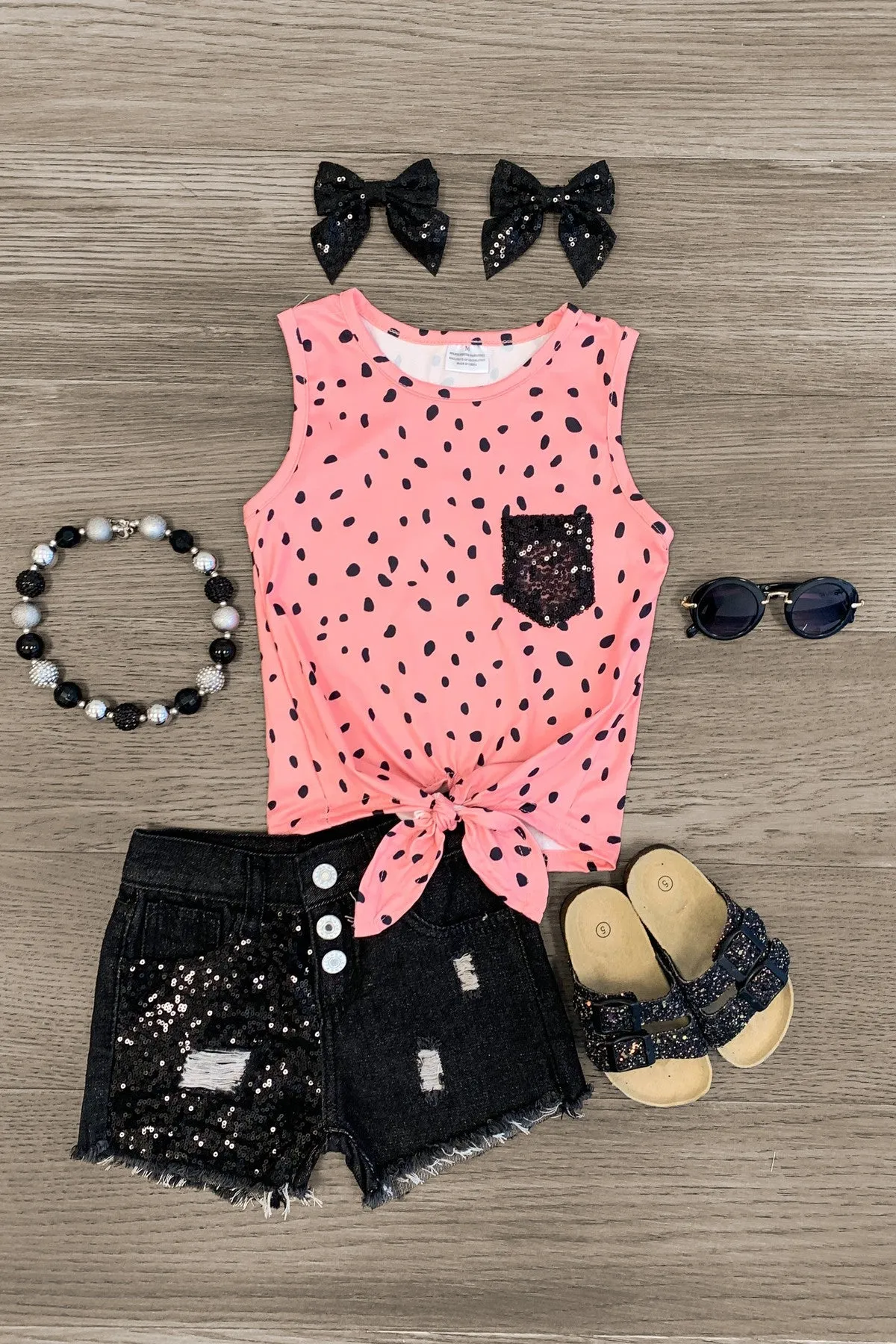 Pink & Black Spotted Sequin Denim Short Set