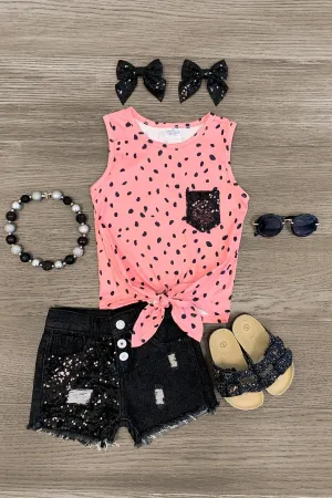 Pink & Black Spotted Sequin Denim Short Set