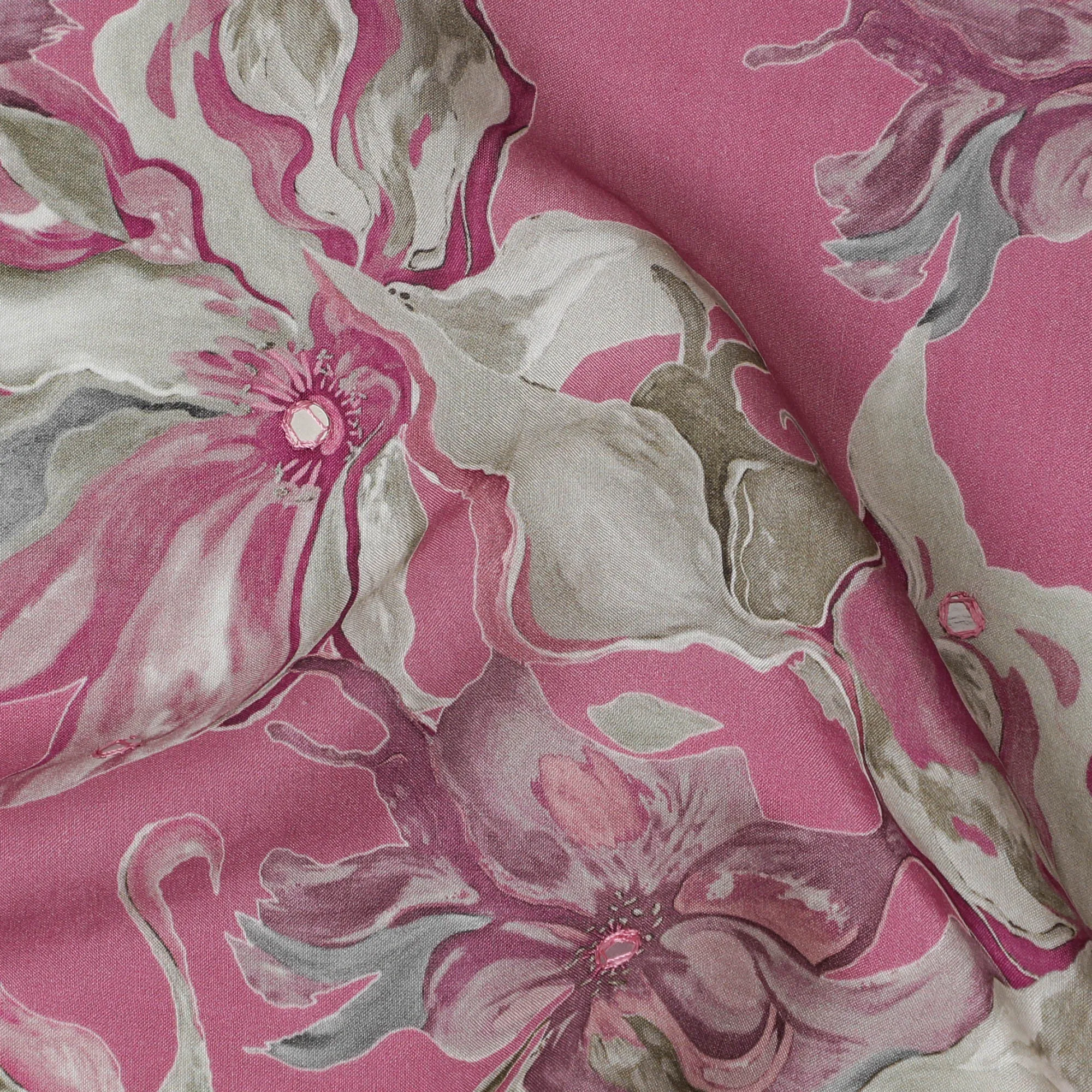 Pink and Grey Floral Viscose Crepe Printed Fabric - 110 cm Wide-D20006