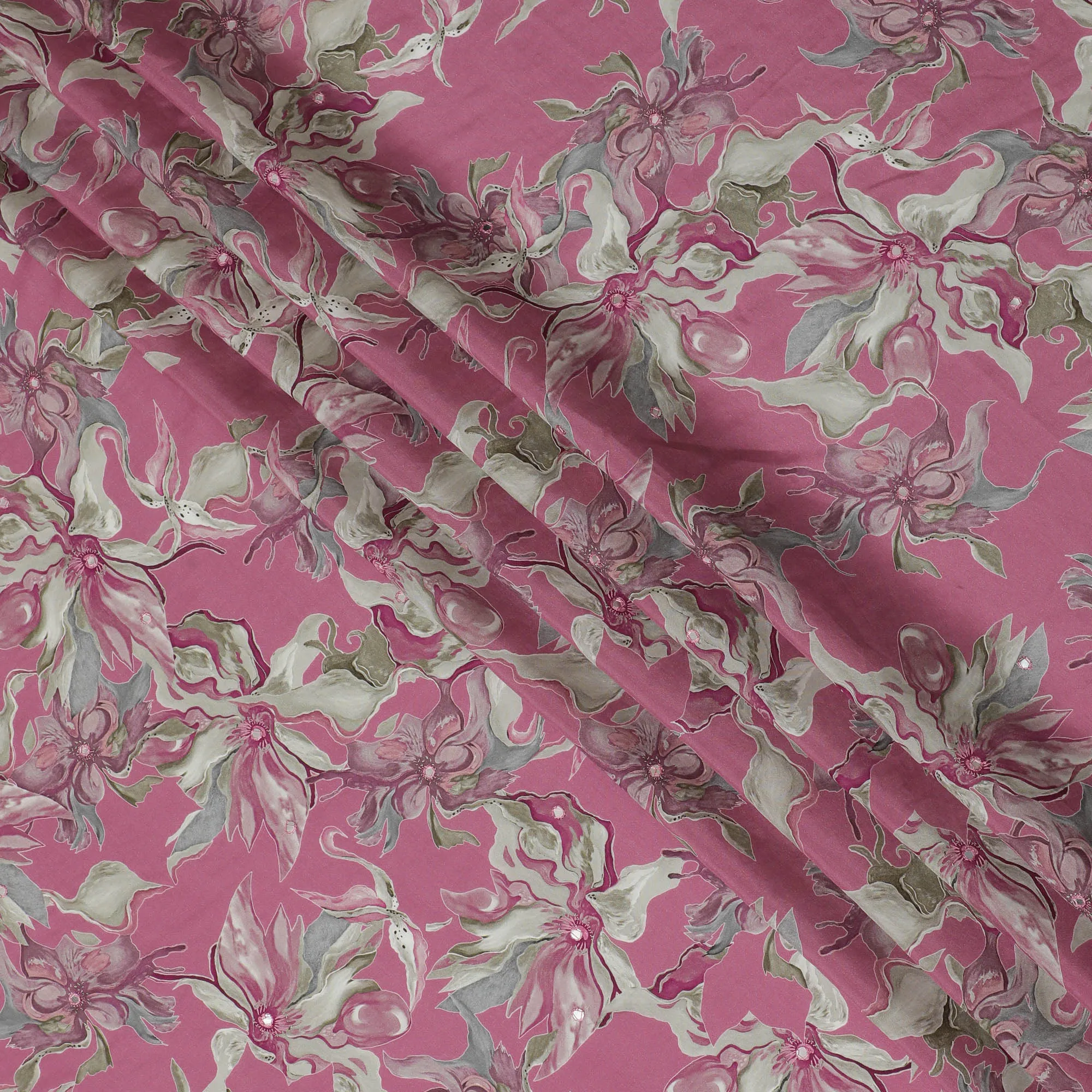 Pink and Grey Floral Viscose Crepe Printed Fabric - 110 cm Wide-D20006