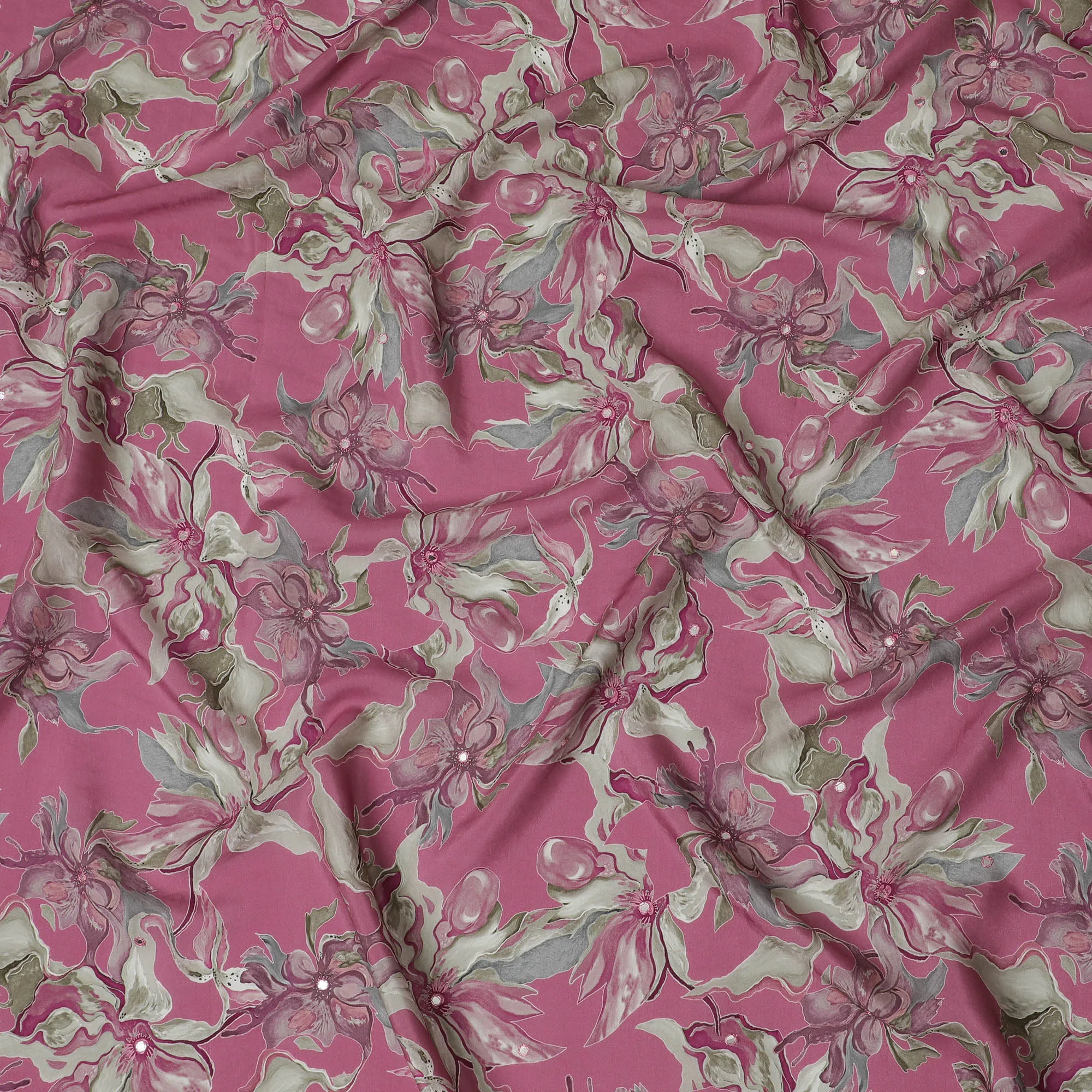 Pink and Grey Floral Viscose Crepe Printed Fabric - 110 cm Wide-D20006