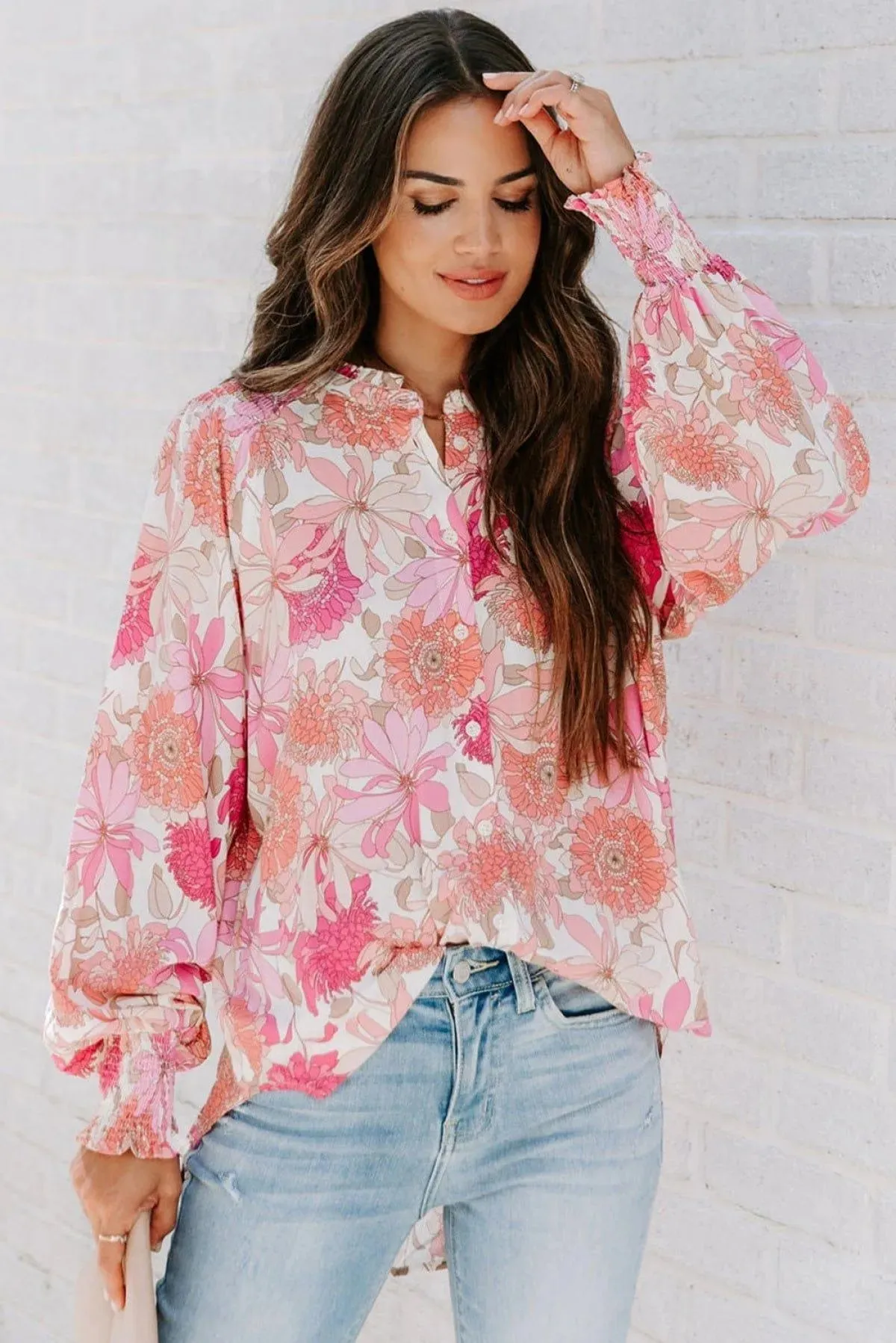 Pink Floral Balloon Sleeves Blouse