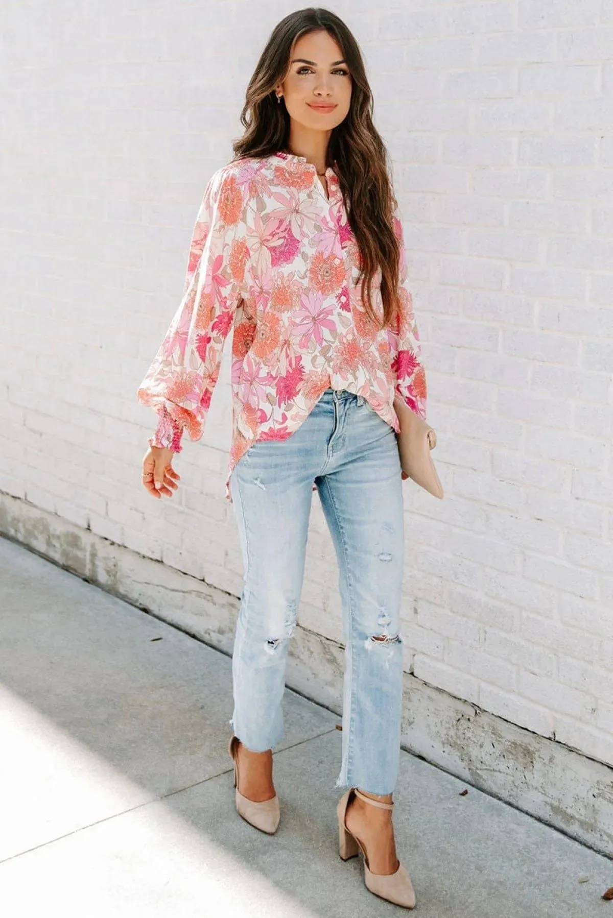 Pink Floral Balloon Sleeves Blouse