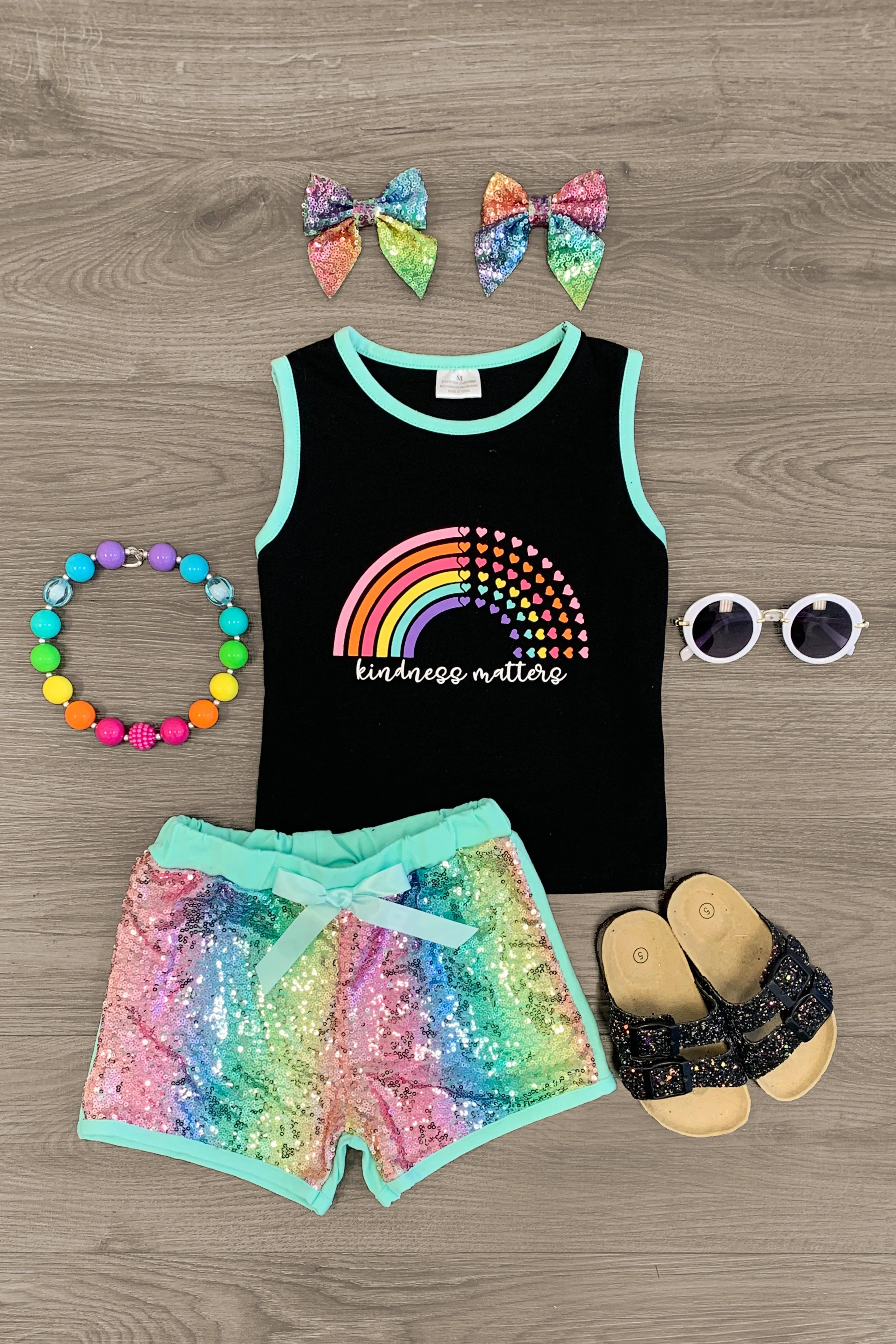 "Kindness Matters" Rainbow Sequin Short Set