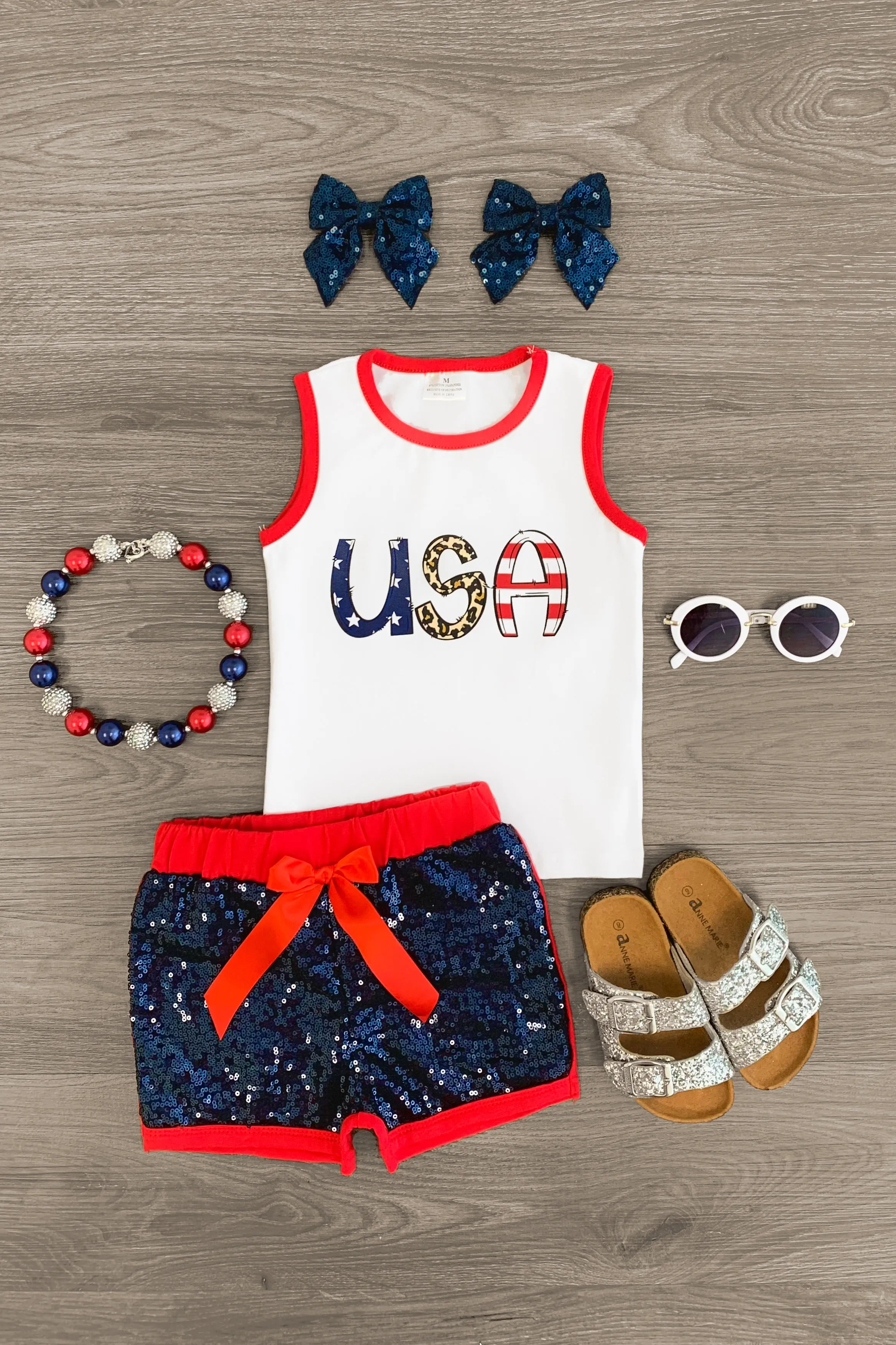 "USA" Navy Sequin Short Set