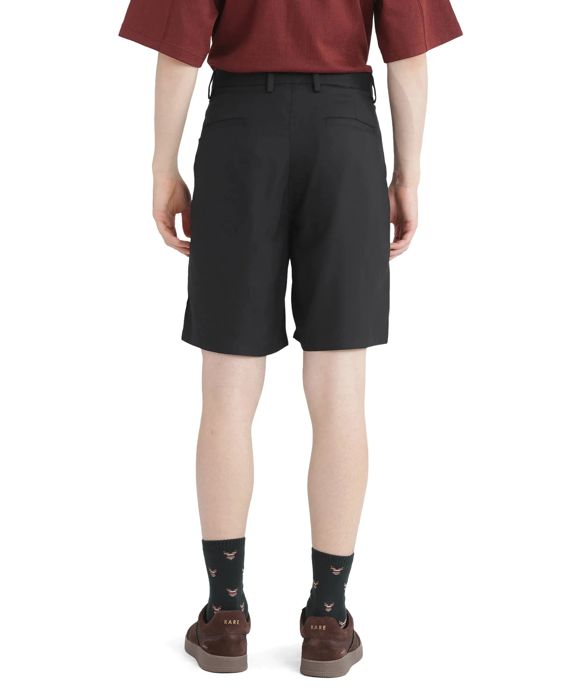 Rare Rabbit Men's Caro-B Black Button Closure Regular Fit Plain Shorts