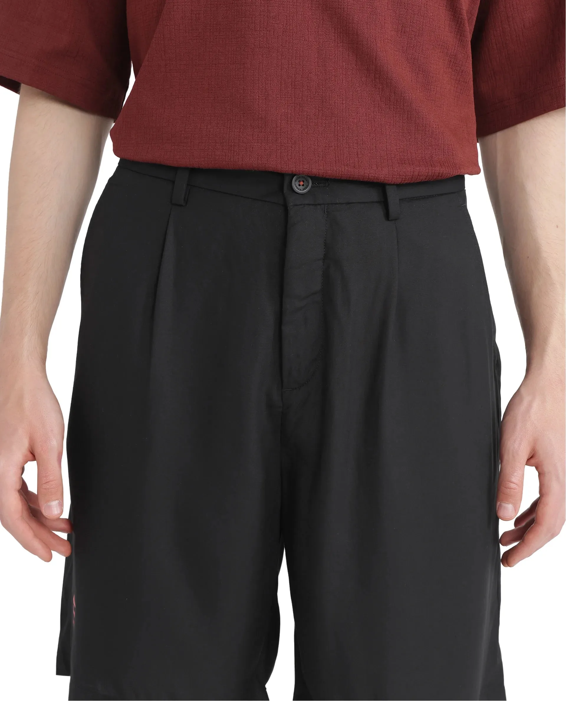 Rare Rabbit Men's Caro-B Black Button Closure Regular Fit Plain Shorts