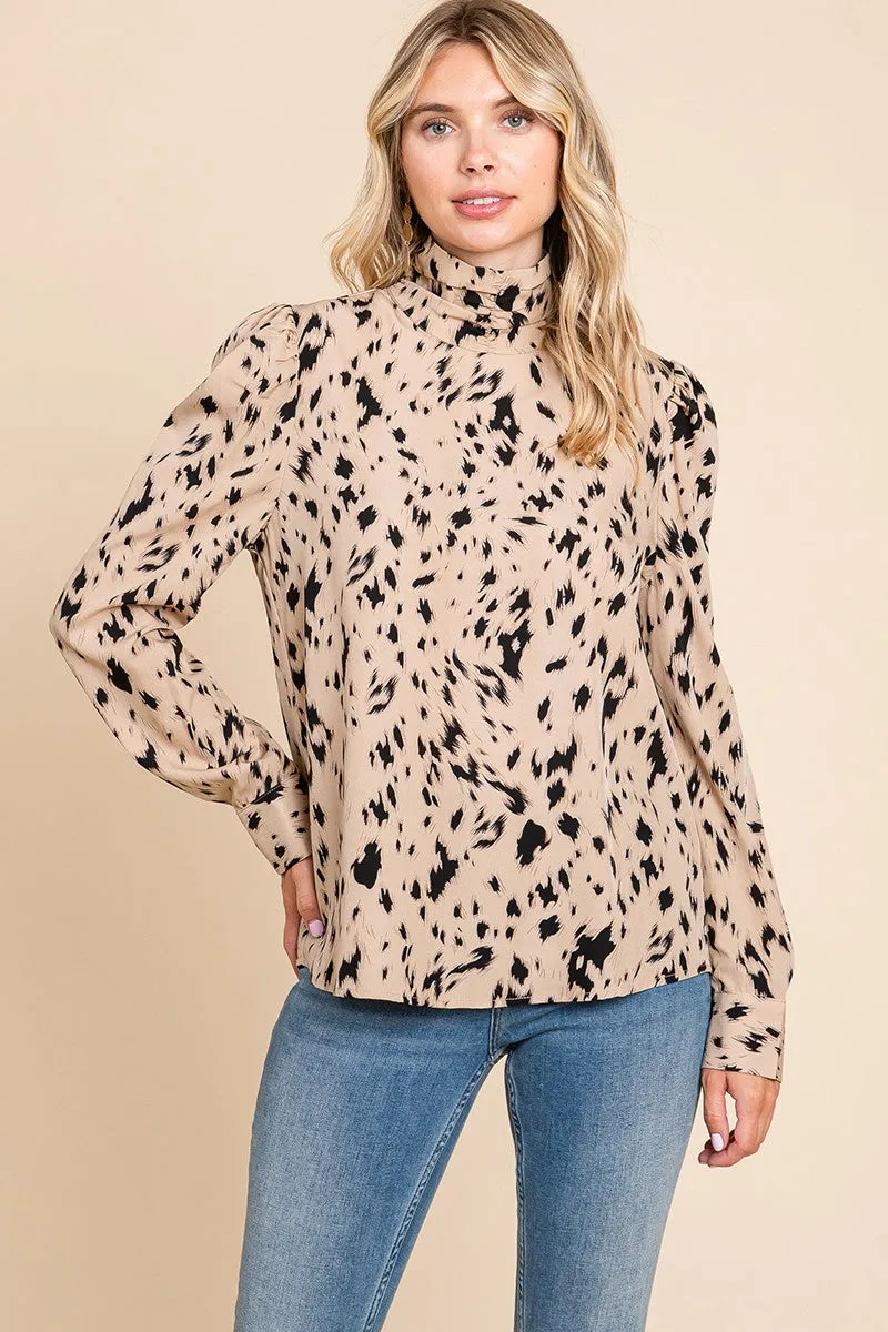 Sand Leopard Print Long Sleeve Cowl Neck Shirts Blouses