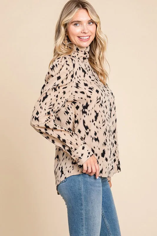 Sand Leopard Print Long Sleeve Cowl Neck Shirts Blouses