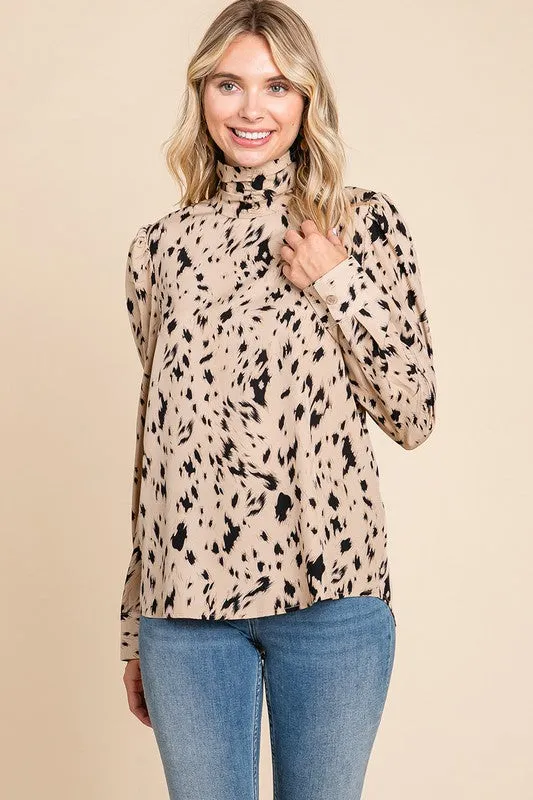 Sand Leopard Print Long Sleeve Cowl Neck Shirts Blouses