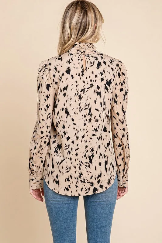 Sand Leopard Print Long Sleeve Cowl Neck Shirts Blouses