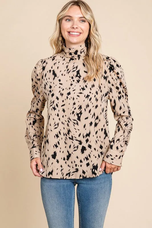 Sand Leopard Print Long Sleeve Cowl Neck Shirts Blouses