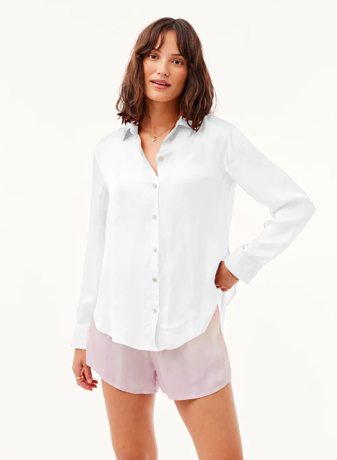 Satin Side Slit Button Down - White