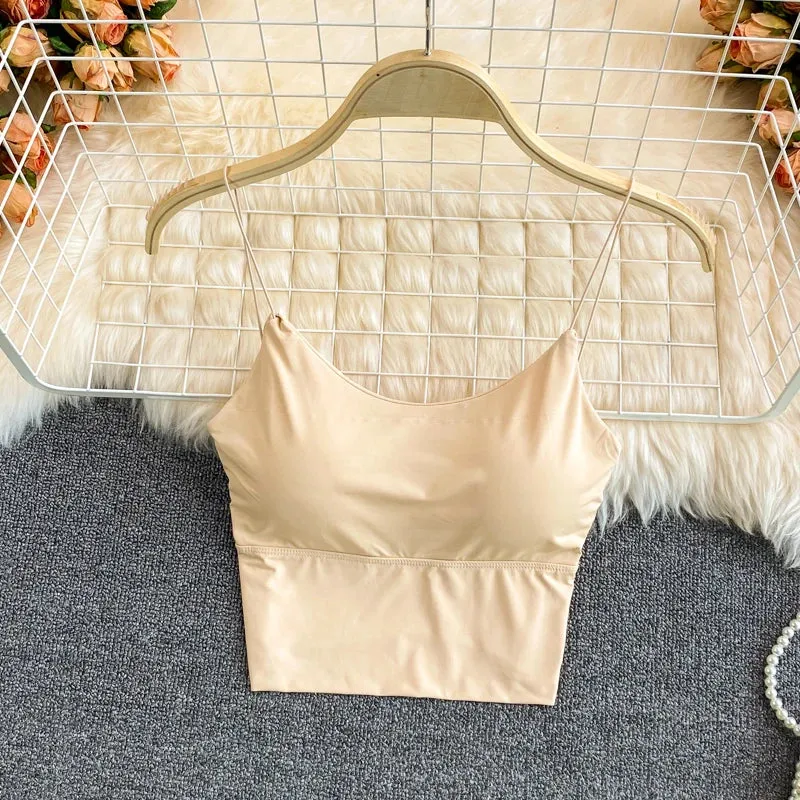 Sexy Women Crop Tops Ice Silk Summer Bra Sports Spaghetti Strap Vest Top Women Built In Bra Off Shoulder Sleeveless Camisole