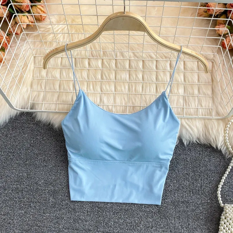 Sexy Women Crop Tops Ice Silk Summer Bra Sports Spaghetti Strap Vest Top Women Built In Bra Off Shoulder Sleeveless Camisole