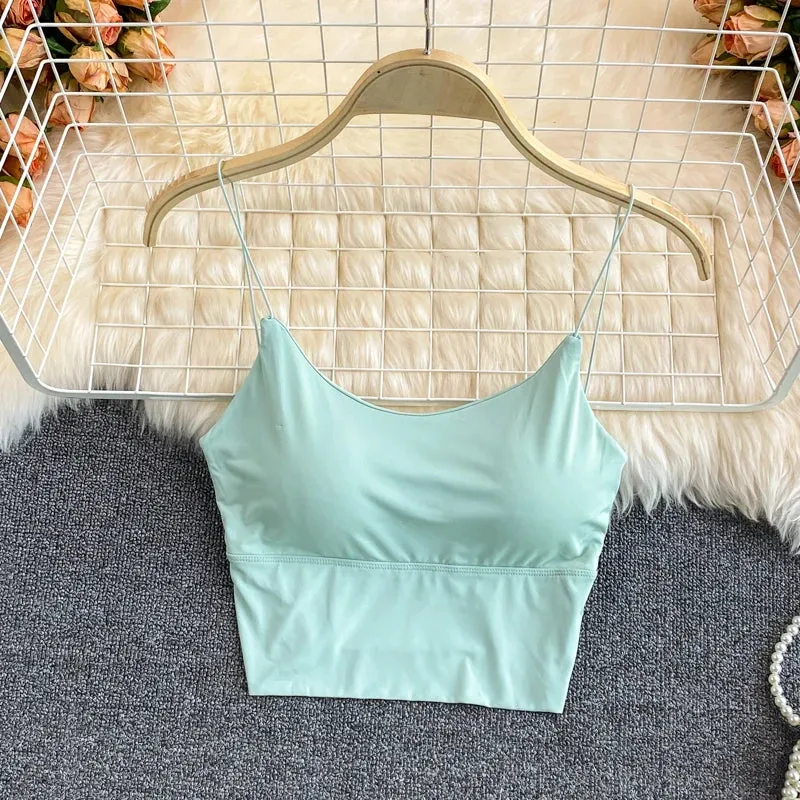 Sexy Women Crop Tops Ice Silk Summer Bra Sports Spaghetti Strap Vest Top Women Built In Bra Off Shoulder Sleeveless Camisole