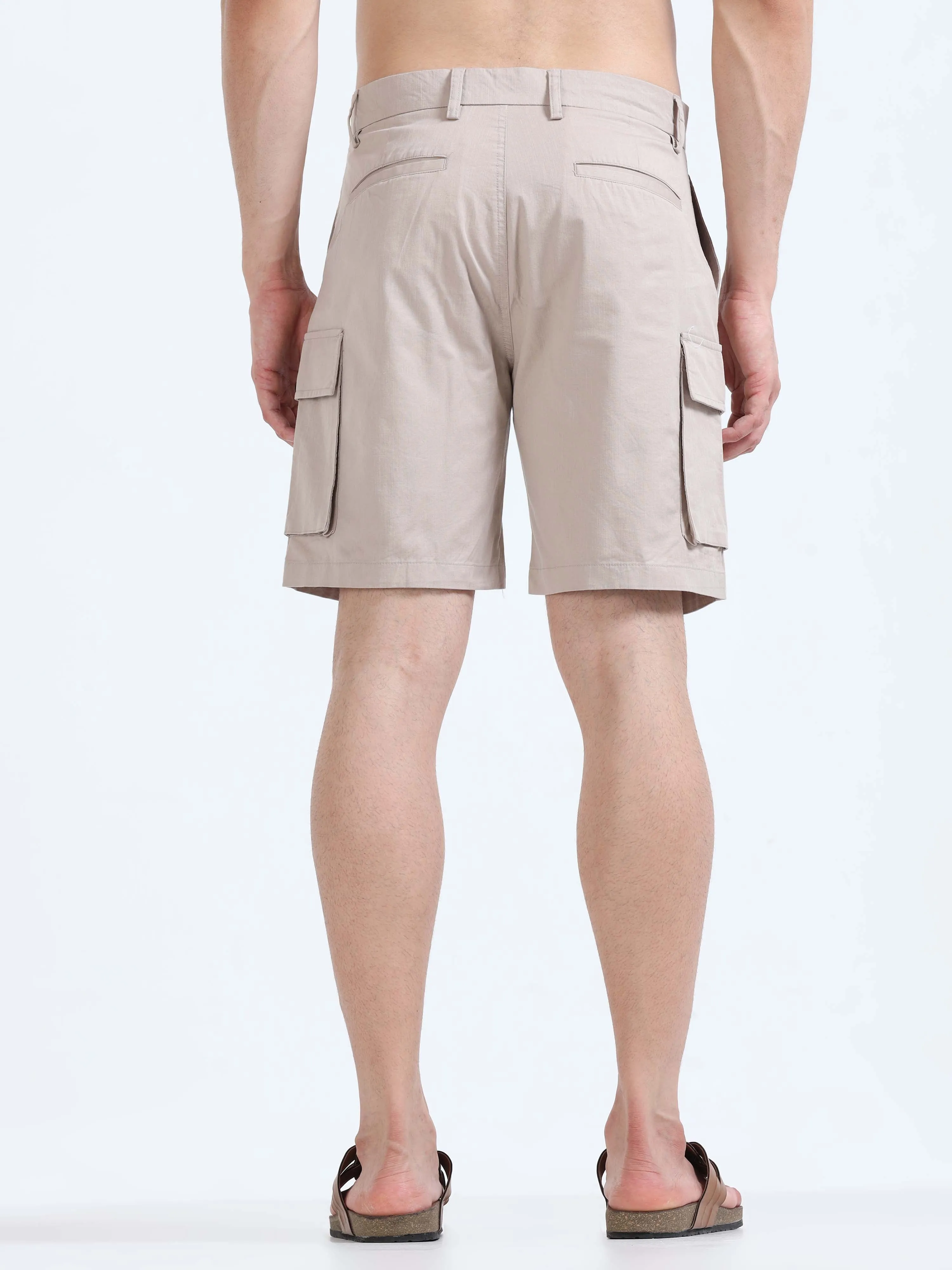 Soft Cotton Pleated Beige Cargo Shorts