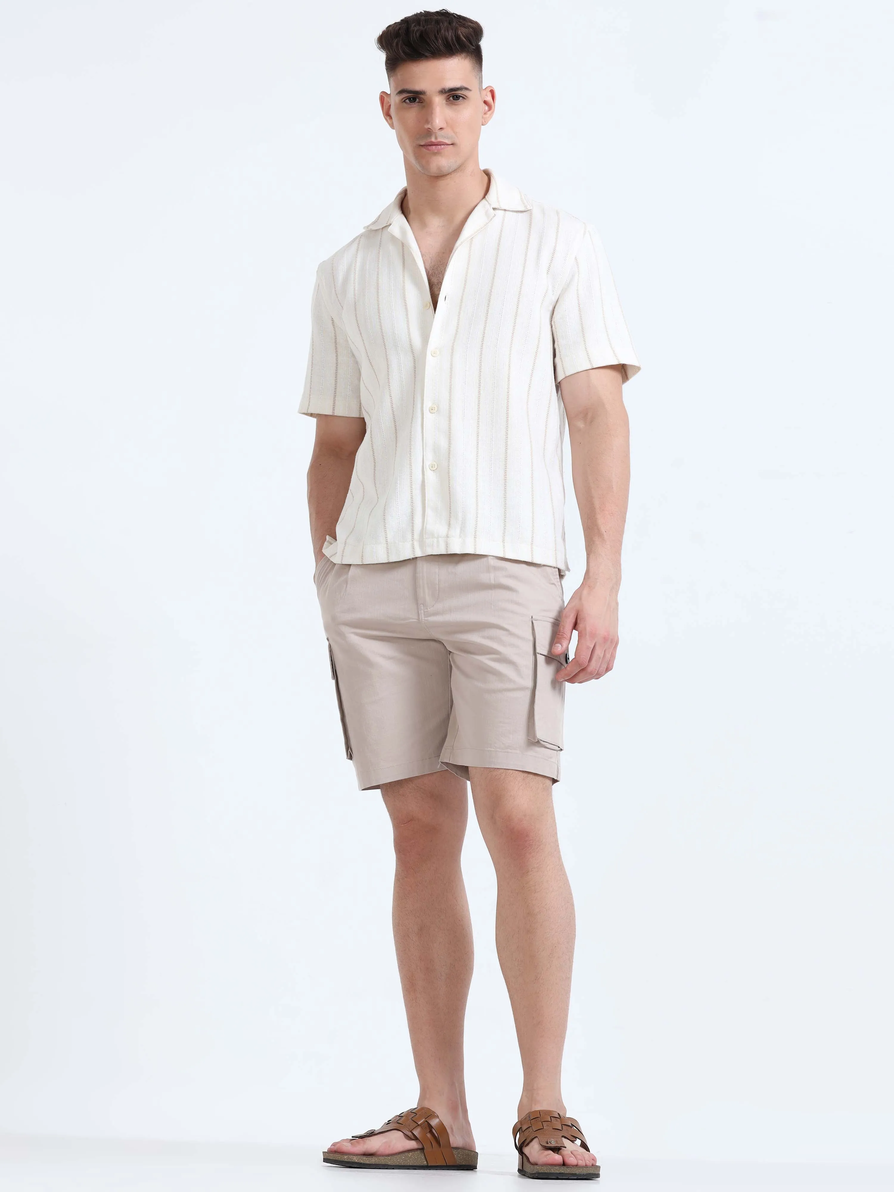 Soft Cotton Pleated Beige Cargo Shorts