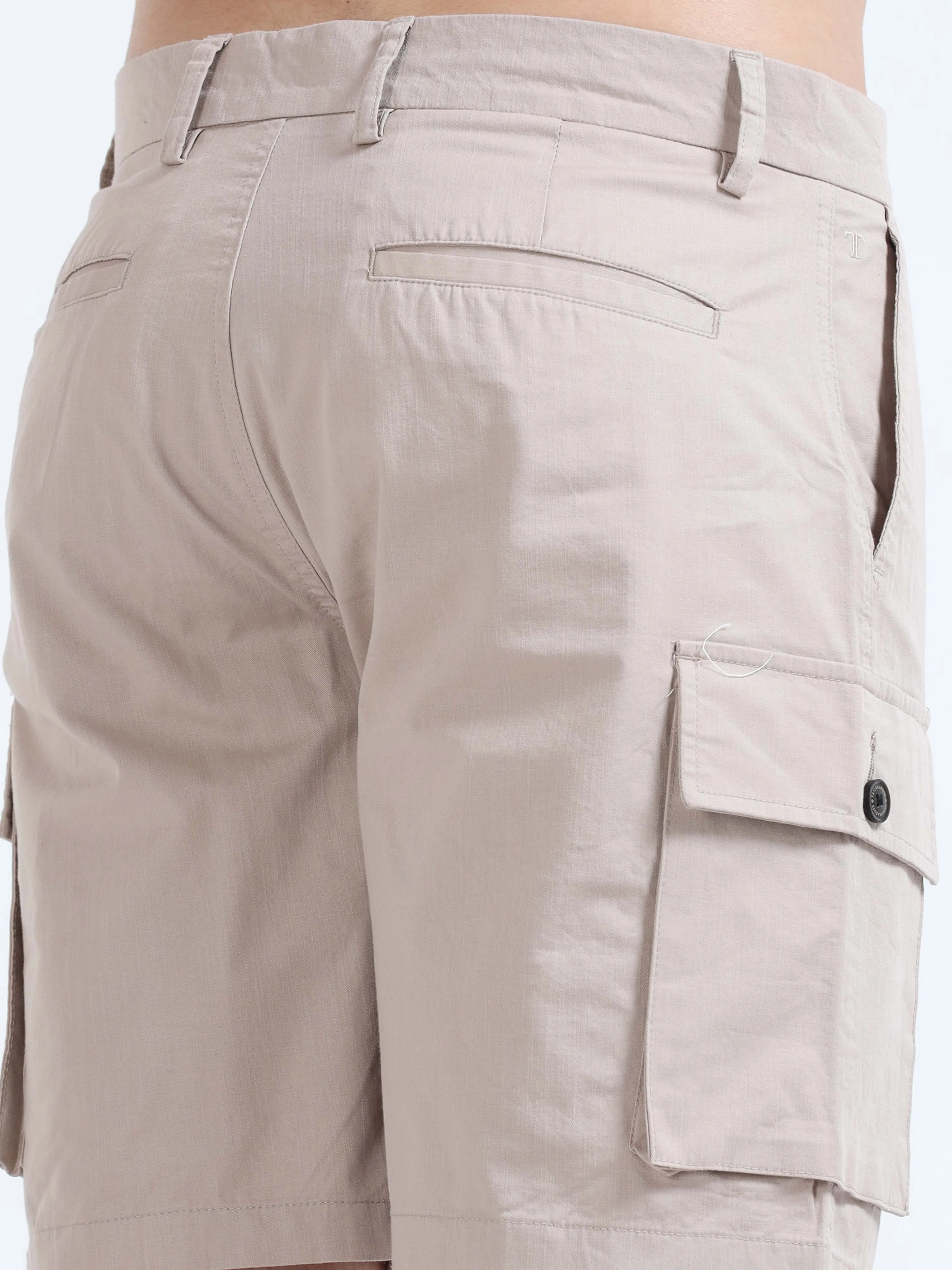 Soft Cotton Pleated Beige Cargo Shorts