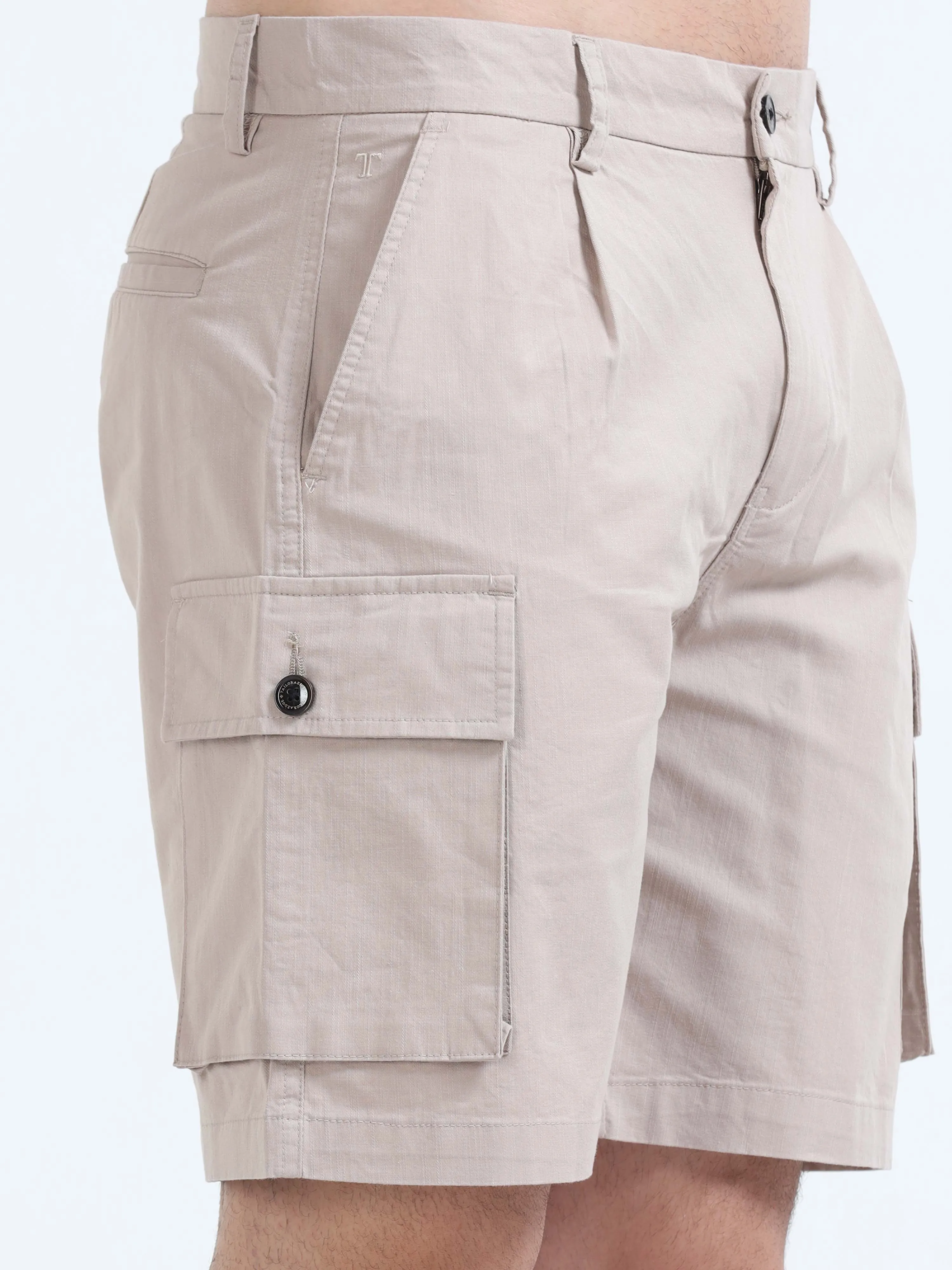 Soft Cotton Pleated Beige Cargo Shorts