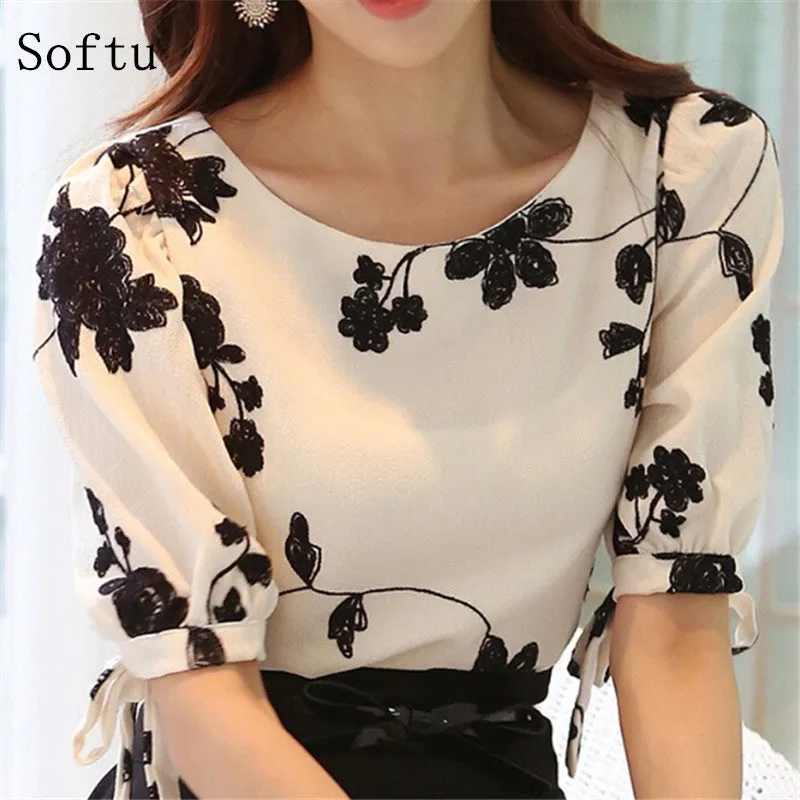 Softu Fashion Women Shirt Blouse Summer Tops Chiffon Casual Shirt O Neck Half Sleeve Floral Printing Female Blusas Clothing