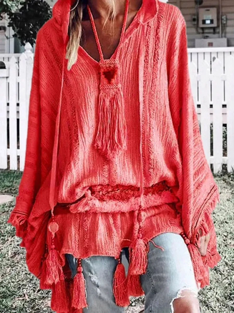 Solid Color Cutout Long Sleeve Casual Blouses Tops