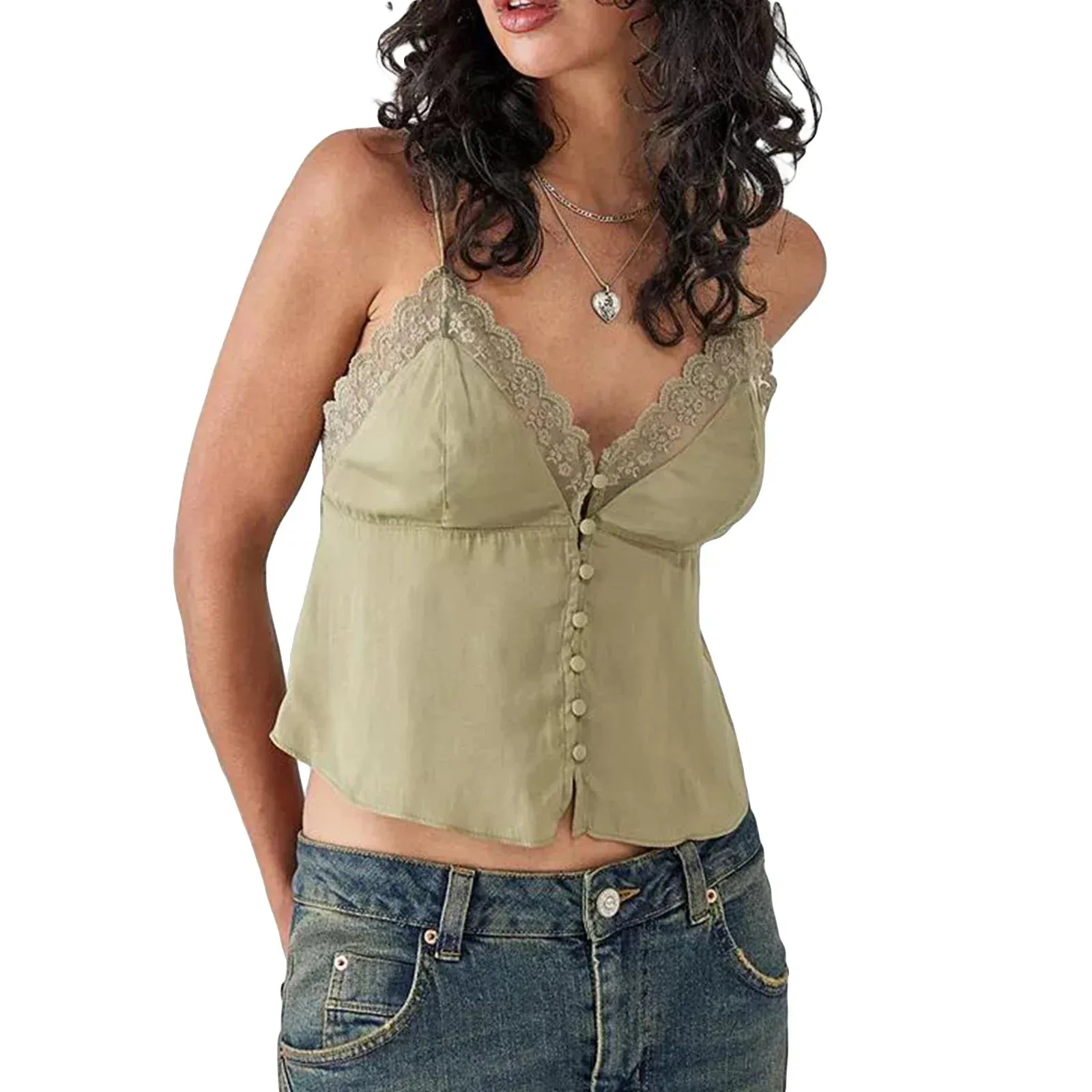 Summer Tops Spaghetti Strap Button Down Lace V Neck Going Out Camisoles Crop Cami Top