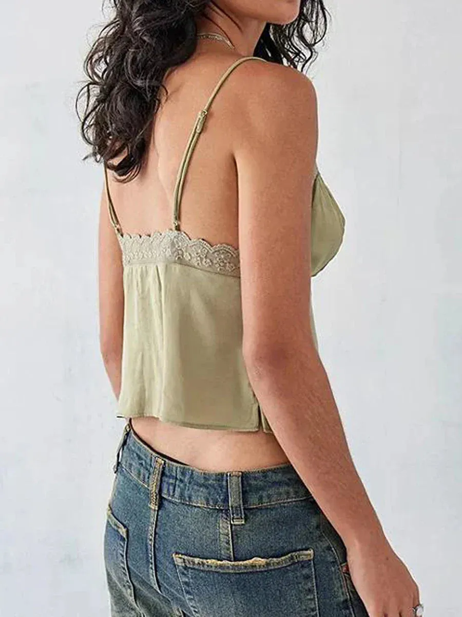 Summer Tops Spaghetti Strap Button Down Lace V Neck Going Out Camisoles Crop Cami Top