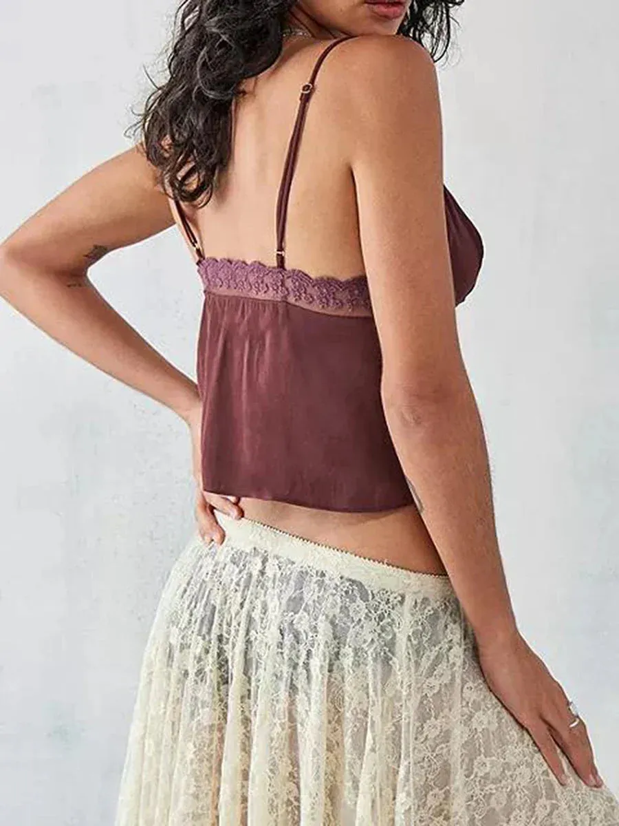 Summer Tops Spaghetti Strap Button Down Lace V Neck Going Out Camisoles Crop Cami Top