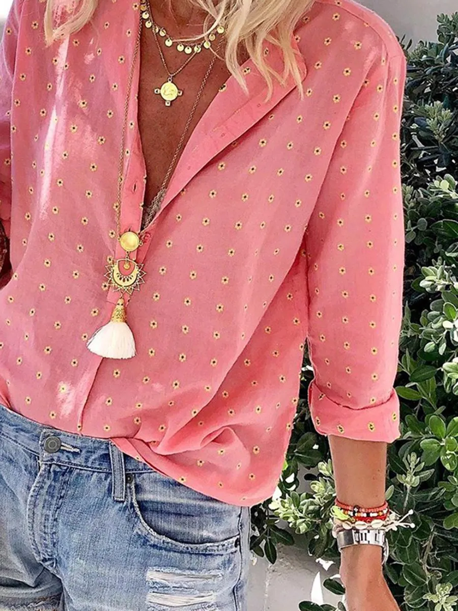 V-neck Printed Long-sleeved Casual Blouses