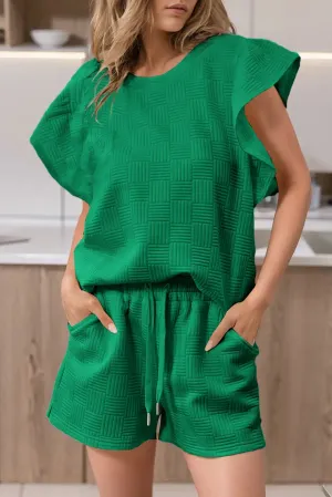 Vibrant Green Ruffled Sleeve Tee and Shorts Set