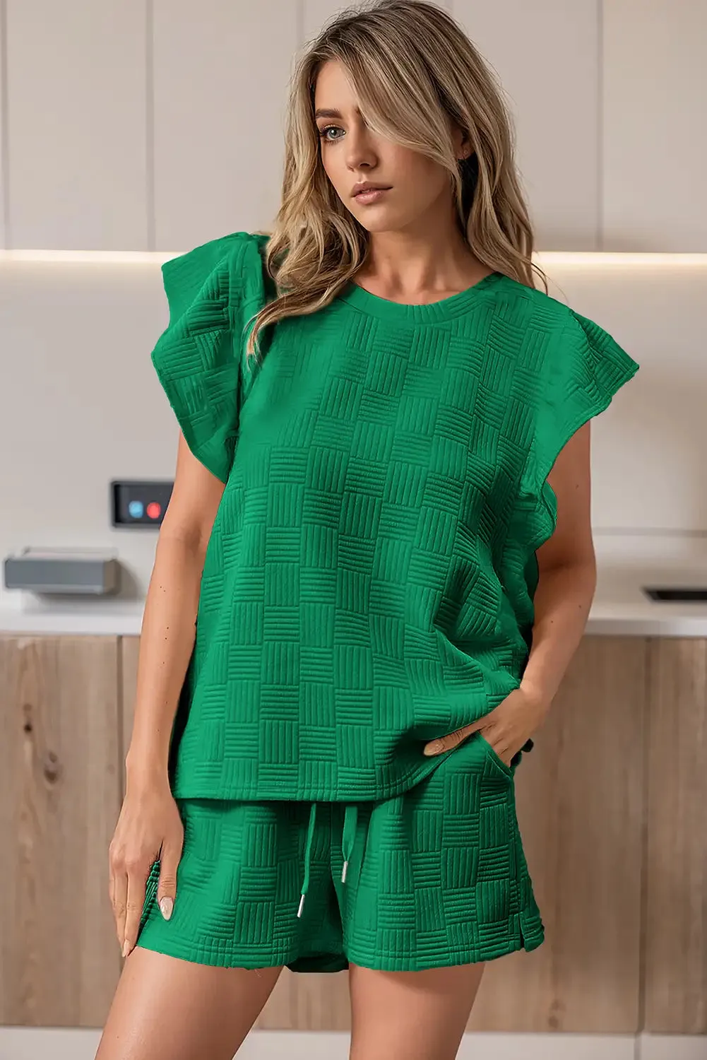 Vibrant Green Ruffled Sleeve Tee and Shorts Set