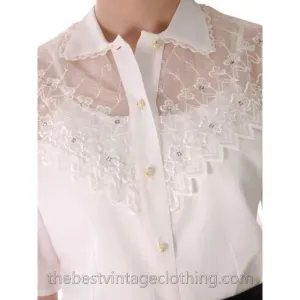 Vintage Acetate Blouse Sheer Yoke Embellished Rhinestones 1950s M