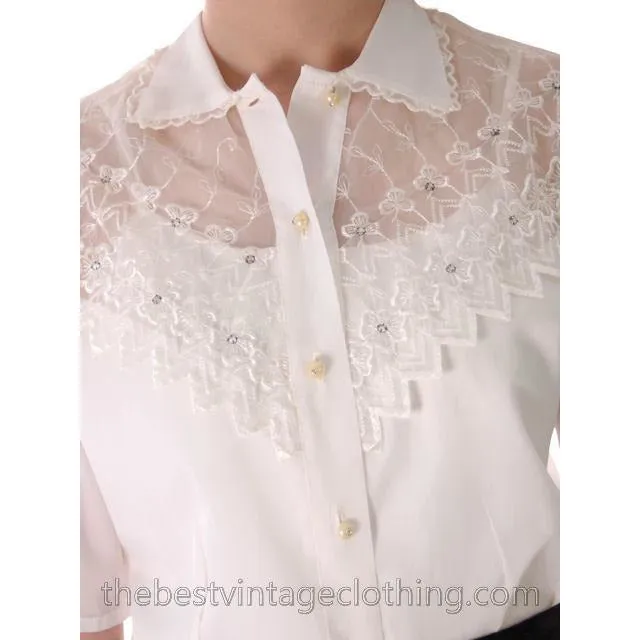 Vintage Acetate Blouse Sheer Yoke Embellished Rhinestones 1950s M